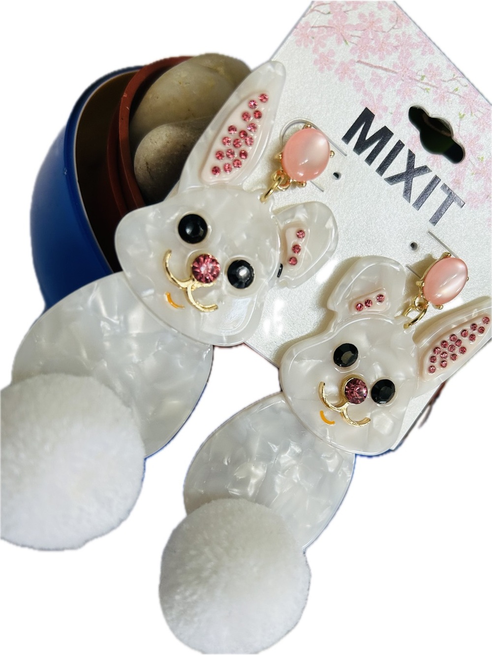 Mixit Cute Bunny Face & soft white pompom Tails Drop Dangle Fashion earrings 3"